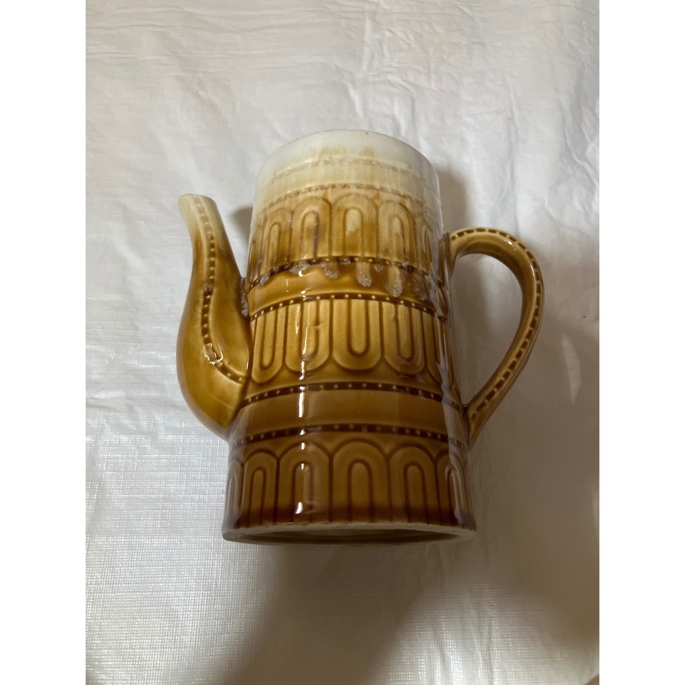 Vintage Ceramic Coffee Pot Pitcher Brown Glaze Embossed Pattern Made in Japan